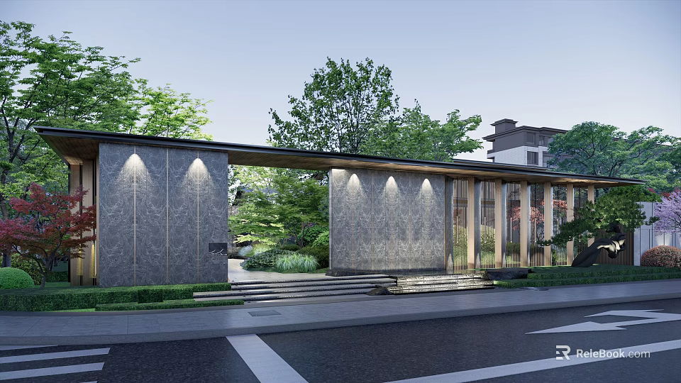 Modern Entrance Gate Design With Stone Wall Illuminated Lights And Landscaped Garden Steps 3d model 