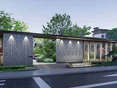 Modern Entrance Gate Design With Stone Wall Illuminated Lights And Landscaped Garden Steps 3d model