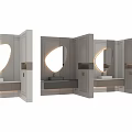 Elegant Modern Bathroom Washbasin With Oval Mirror Striped Wall And Wooden Cabinets