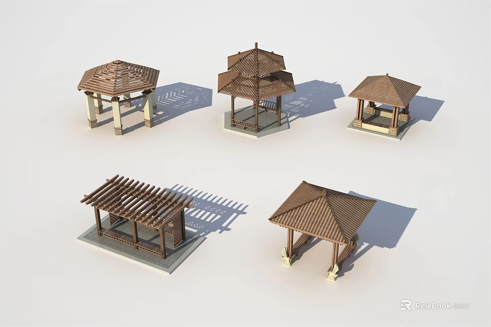 Various Wooden Gazebo Models With Different Roof Designs For Outdoor Use 3d model 