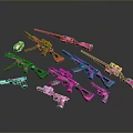 Pink Purple Weapons Collection Display Featuring Rifles Handguns And Assorted Firearms