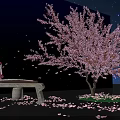 Cartoon Scene Featuring Night Sky Stars Pink Cherry Blossom Tree Stone Guzheng Girl Scattered Petals