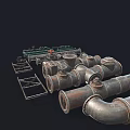 Various Types of Rusty Industrial Metal Pipes with Fittings Brackets and Supports