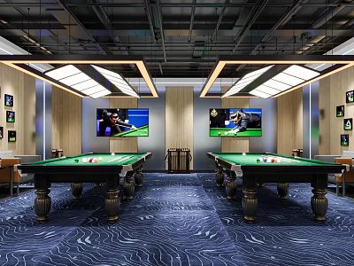 Billiard Room Interior With Two Pool Tables TVs Framed Decor Patterned Carpet And Modern Lighting 3d model