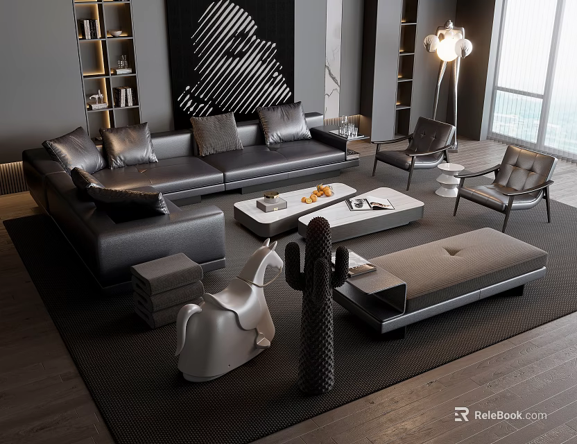 Elegant Modern Leather Sofa and Coffee Table Set with Cushions Accent Chairs and Area Rug 3d model 