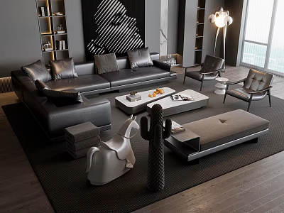 Elegant Modern Leather Sofa and Coffee Table Set with Cushions Accent Chairs and Area Rug 3d model