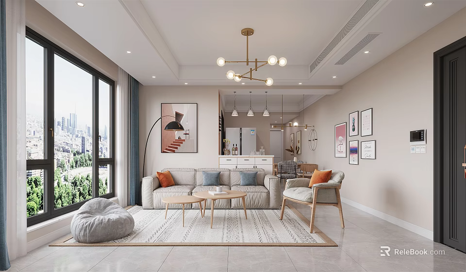 Modern Living and Dining Room Interior With Sofa Coffee Table Dining Set and Chandelier 3d model