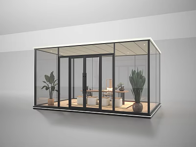 Modern Glass Room Design With Transparent Walls Indoor Plants And Wooden Furniture 3d model