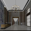Luxurious Hotel Lobby Interior Design With Chandelier Wooden Walls And Reception Desk