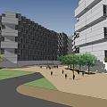 Modern Office Building Complex With Central Water Feature Green Spaces And Pedestrian Plaza