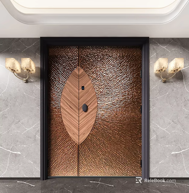 Elegant Copper Textured Double Doors With Leaf Shaped Inlay Against Marble Wall And Wall Sconces 3d model 