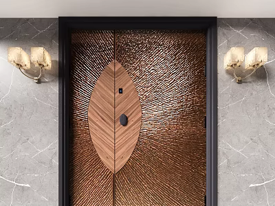 Elegant Copper Textured Double Doors With Leaf Shaped Inlay Against Marble Wall And Wall Sconces 3d model
