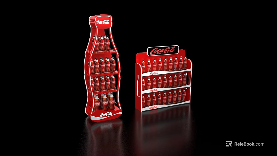 Red Coca-Cola Retail Display Shelves Filled With Bottles And Brand Logo 3d model 