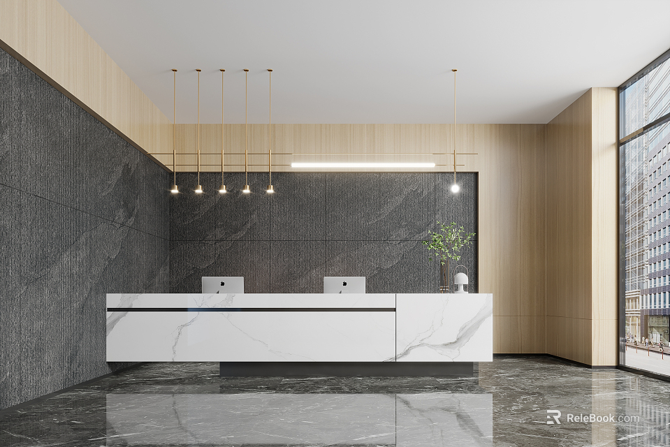 Modern Reception Desk Design With White Marble Counter And Hanging Lights On Stone Wall 3d model 
