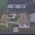 Chinese Style Courtyard Garden With Stone Path Wooden Deck Green Plants Pergola And Seating Area