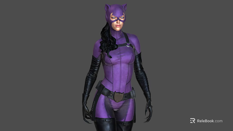 Cat Inspired Female Character in Purple Bodysuit With Cat Ear Mask Black Gloves And Boots 3d model 