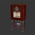 Vintage Red Wooden Cabinet Clock With Ornate Face Decorative Panel And Pendulum Ball