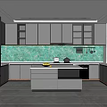 Modern Kitchen Interior With Green Marble Backsplash Dark Cabinets And Island Counter