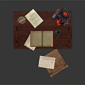 Wooden Writing Desk With Drawer Open Book Lamp Stacked Books Pen And Chair
