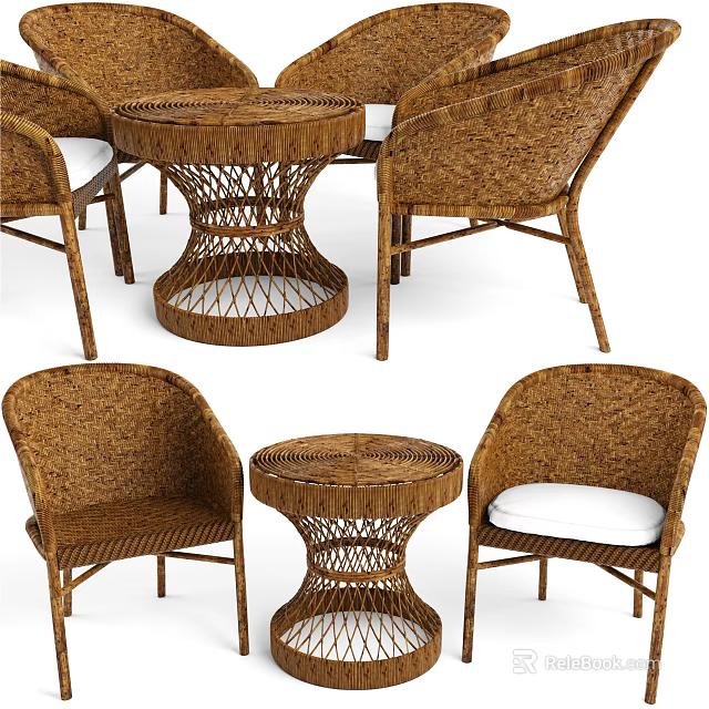 Woven Rattan Outdoor Table Set With Matching Chairs And White Cushions 3d model 