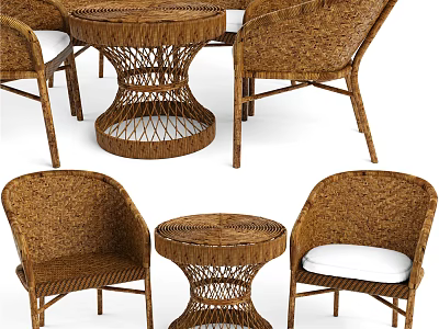 Woven Rattan Outdoor Table Set With Matching Chairs And White Cushions 3d model