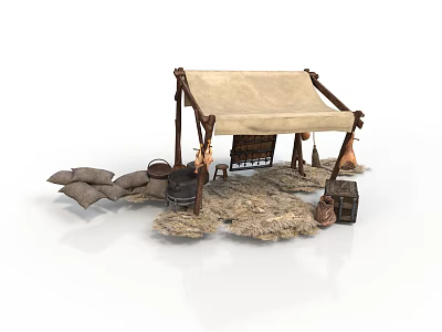 Traditional Daily Living Supplies With Tent Structure Sacks Wooden Buckets And Crates 3d model