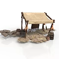Traditional Daily Living Supplies With Tent Structure Sacks Wooden Buckets And Crates