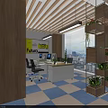 Modern Reception Area Interior With Wooden Ceiling Marble Countertop And Logo Wall Design