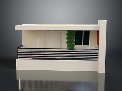 Modern Balcony With Black Railings White Doors Golden Handles Vertical Plant And Window 3d model