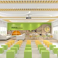 School Lounge Area With Wooden Walls Green Backdrop Round Ceiling Lights And Colorful Seating