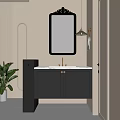 Modern Gray Bathroom Vanity With White Countertop Gold Faucet Decorative Mirror And Green Plant