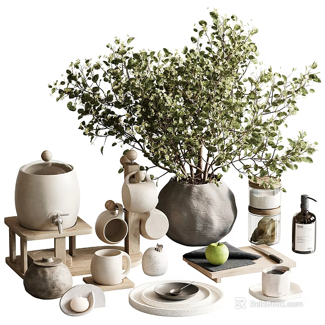 Natural Style Decorative Ornament Set With Ceramic Vases Wooden Trays And Green Plant 3d model 