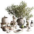 Natural Style Decorative Ornament Set With Ceramic Vases Wooden Trays And Green Plant