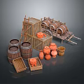 Rustic Household Items Set Including Wooden Barrels Clay Pots Wooden Crates Ladder And Wheelbarrow