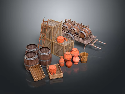 Rustic Household Items Set Including Wooden Barrels Clay Pots Wooden Crates Ladder And Wheelbarrow 3d model