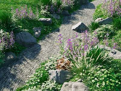 Waterfront Landscape with Green Lawn Purple Flowers Stone Path Large Rocks and Lush Green Plants 3d model