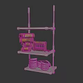 Multi Tiered Metal Storage Rack With Wooden Boxes And Stacked Plates