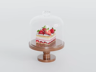 Strawberry Layer Cake with Fresh Toppings Under Glass Dome on Wooden Base 3d model