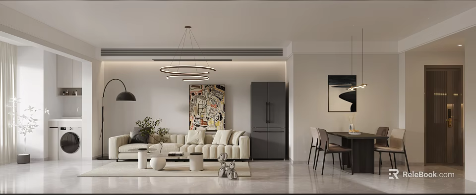 Modern Living Dining Room Interior With Sofa Dining Table Chandelier And Decorative Art 3d model 