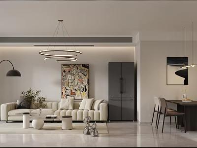 Modern Living Dining Room Interior With Sofa Dining Table Chandelier And Decorative Art 3d model
