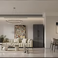 Modern Living Dining Room Interior With Sofa Dining Table Chandelier And Decorative Art