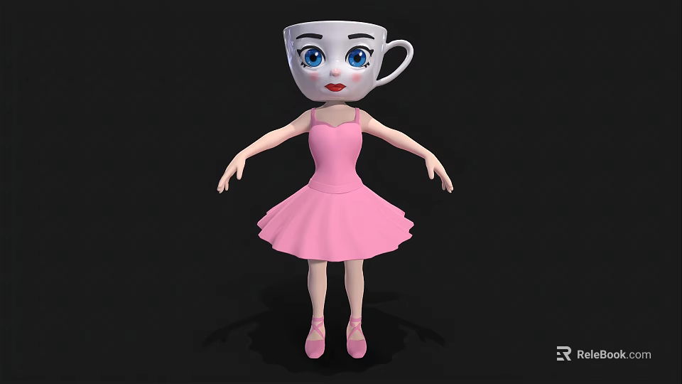 Anthropomorphic Cup Character In Pink Ballet Dress With Blue Eyes And Ballet Shoes Standing Pose 3d model 
