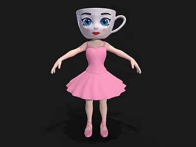 Anthropomorphic Cup Character In Pink Ballet Dress With Blue Eyes And Ballet Shoes Standing Pose 3d model