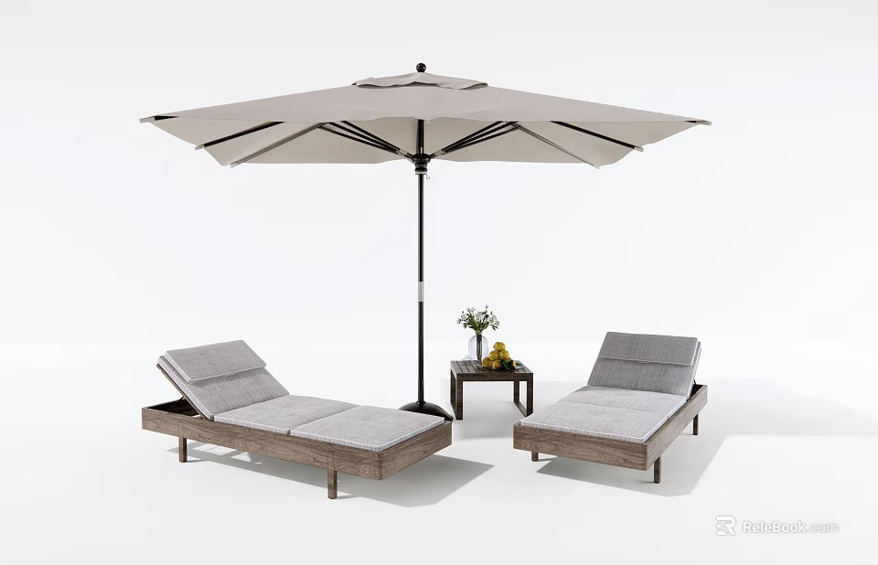 Outdoor Lounge Chairs Setup With Umbrella Side Table Flower And Fruit 3d model 