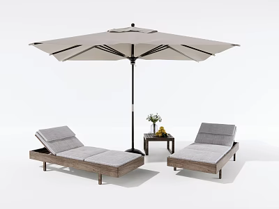Outdoor Lounge Chairs Setup With Umbrella Side Table Flower And Fruit 3d model