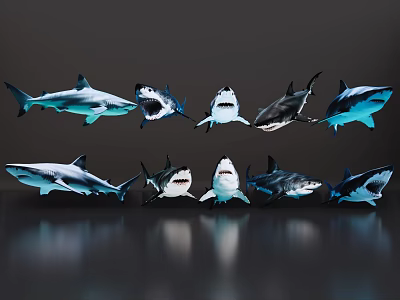 Aquatic Animals Sharks Showing Various Underwater Swimming Poses And Open Mouths 3d model