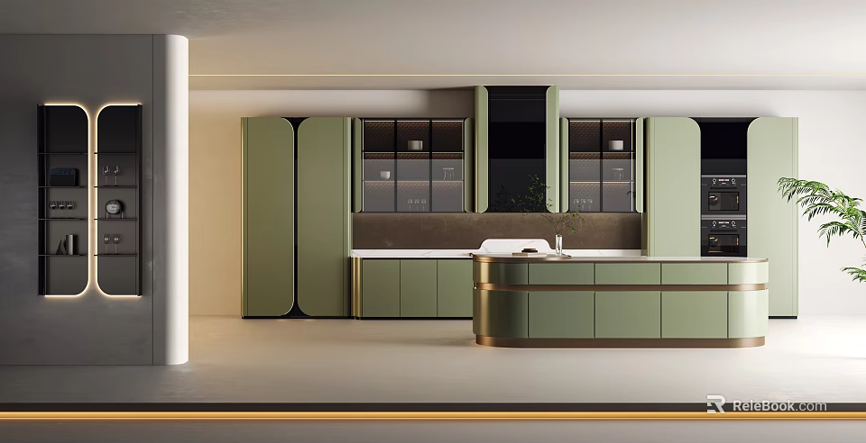 Elegant Modern Kitchen Interior With Green Cabinets And Gold Trim Island Counter 3d model 