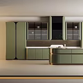 Elegant Modern Kitchen Interior With Green Cabinets And Gold Trim Island Counter