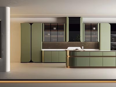 Elegant Modern Kitchen Interior With Green Cabinets And Gold Trim Island Counter 3d model