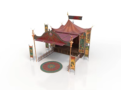 Traditional Circus Tent Structure With Red Canopy Decorative Banners And Circular Rug 3d model